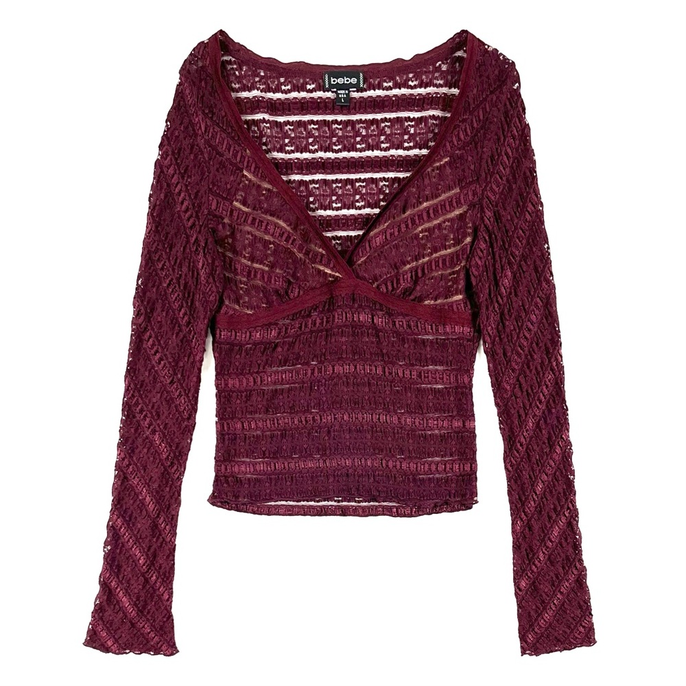 Bebe Maroon Sheer Lace Long Sleeve Skin Top
